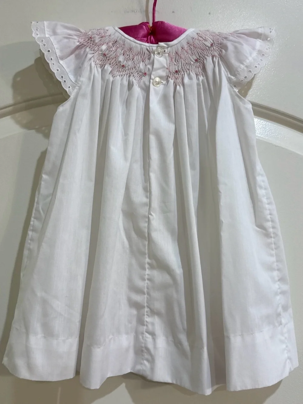Vintage Handmade Baby Girls White Pink Smocked Embroidered Lace Flutter Dress